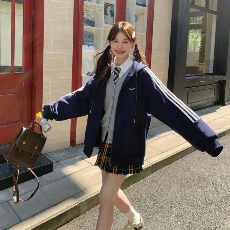 东京岁时记jk原创正版藏青色功能性卫衣秋季运动风连帽开衫外套女