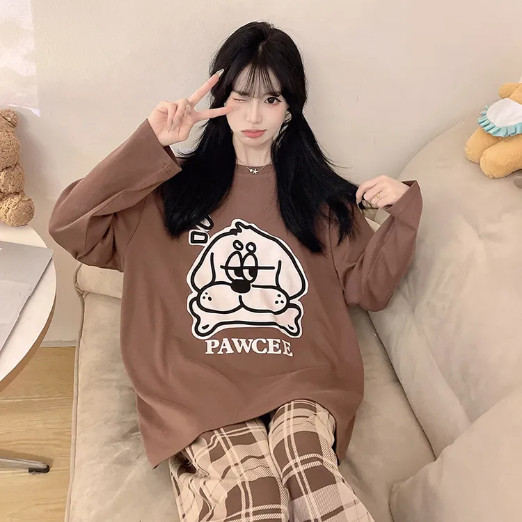 纯棉睡衣女款春秋长袖薄款女孩初中学生胖MM大码200斤女生家居服