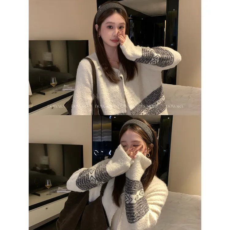 现货大婉酱微胖定制气质费尔岛提花设计感圆领长袖针织开衫2725D 