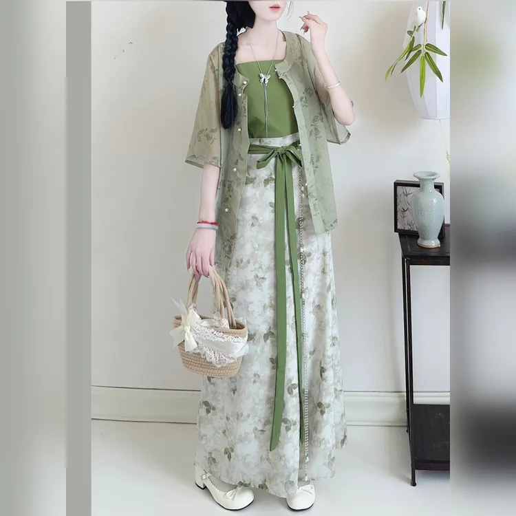 泽芷韶华原创汉服女【茶色】新中式夏季宋裤国风对襟短袖日常套装