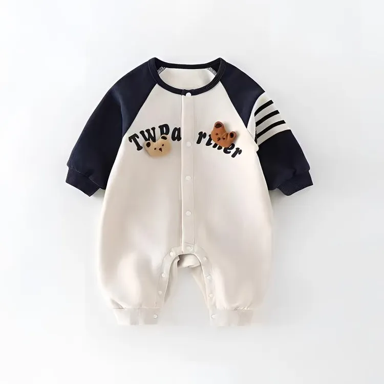 婴儿韩版洋气衣服男宝宝早秋秋装超萌可爱满月百天长袖单层哈衣玉