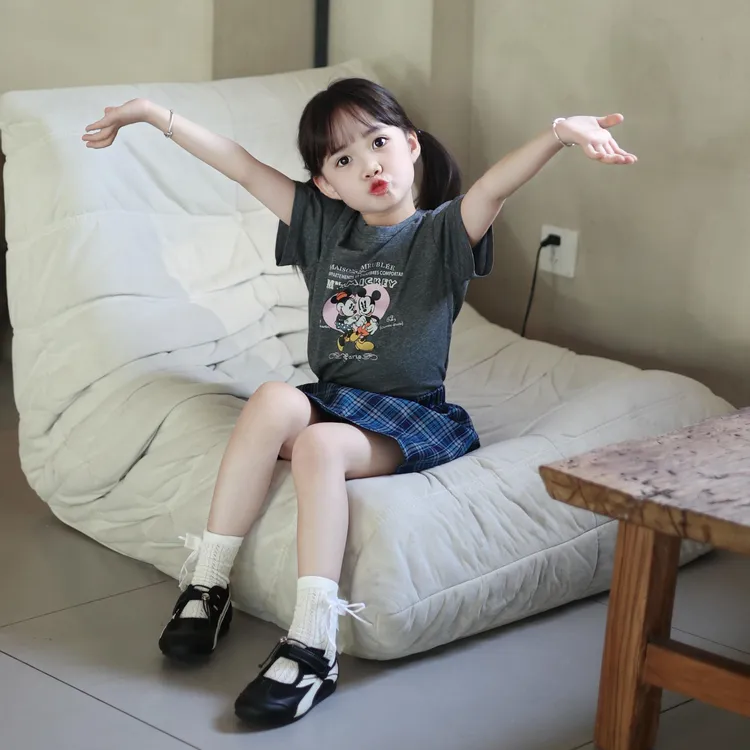 小思家女童2025夏季气质韩版卡通印花短袖上衣复古格子半身裙套装