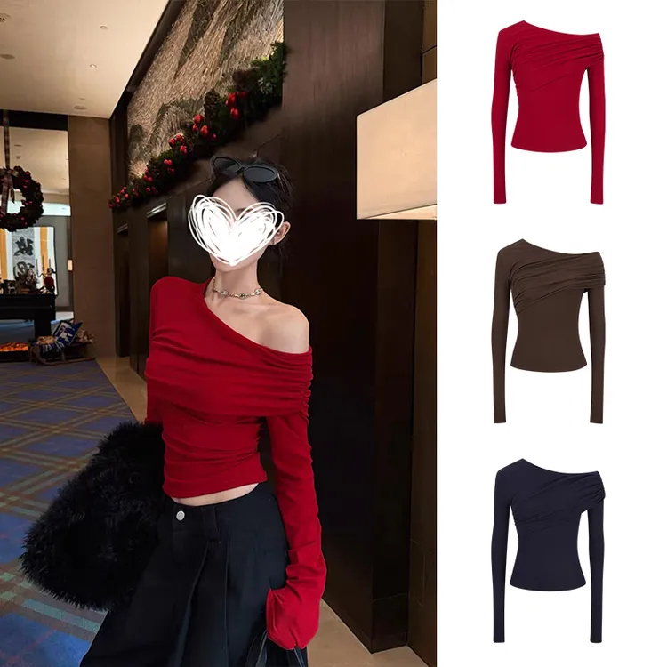 Moses Queen/魔西女王不规则斜肩长袖T恤女秋一字肩褶皱设计上衣