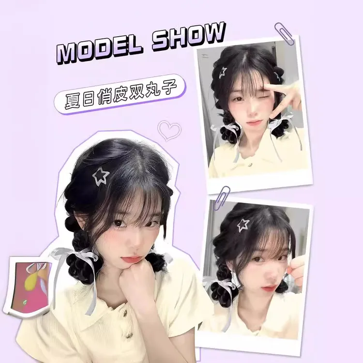 发型丝带甜妹鸭嘴夹减龄同款双【花苞丸子头丸子头】稚假发桑女