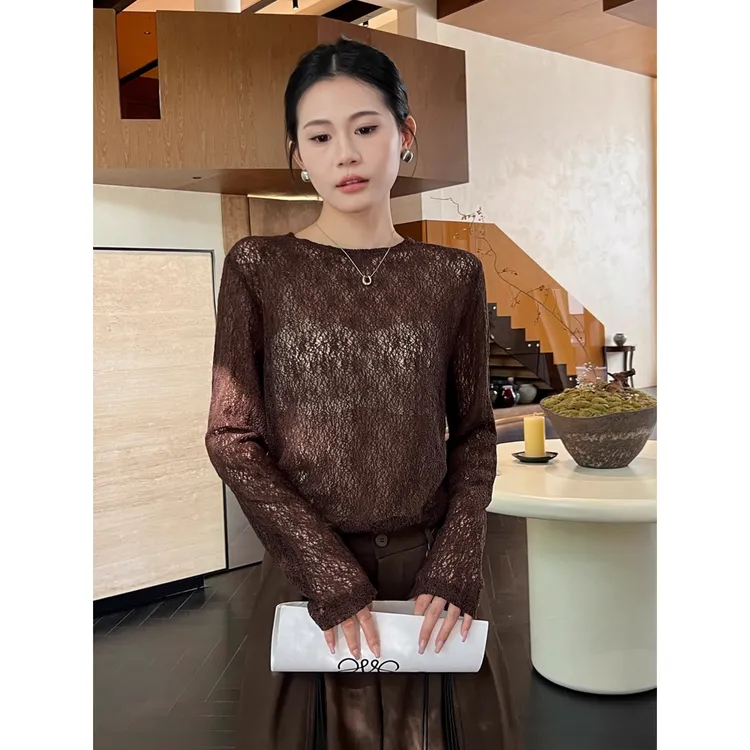 咖色圆领镂空蕾丝打底衫女内搭秋装高级感长袖t恤上衣2025年新款