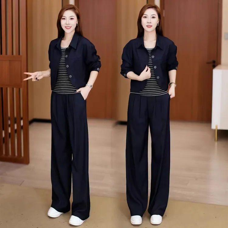 时尚套装女2025秋季新款洋气显瘦牛仔外套条纹吊带阔腿裤三件套潮