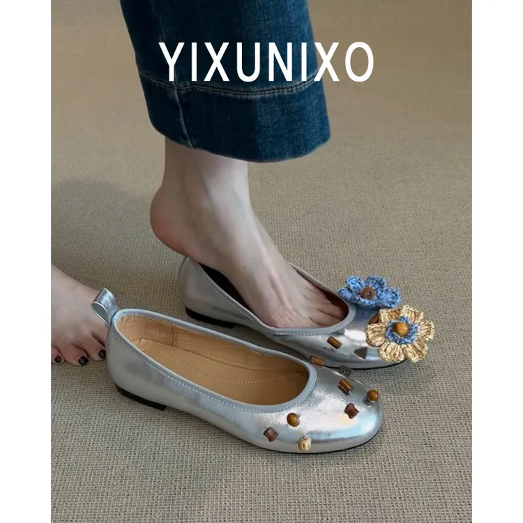 羊皮版~法式平底复古鸳鸯花朵浅口单鞋女通勤百搭芭蕾舞鞋玛丽珍