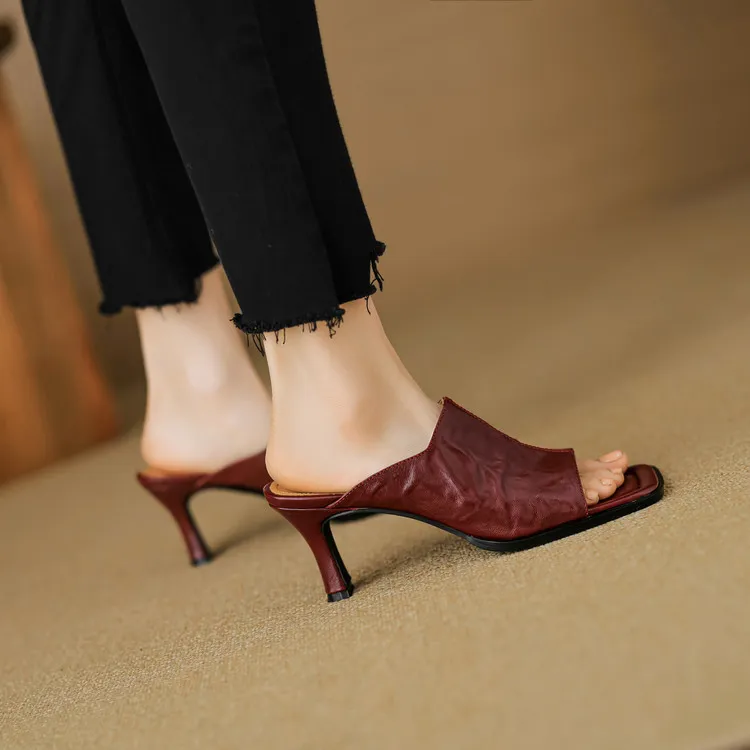 露趾包脚透气凉拖鞋软羊皮高跟拖鞋夏外穿白色真皮半托方头凉鞋