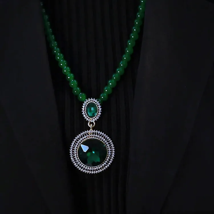 钛钢项链 精致时尚气质百搭圆形水晶吊坠毛衣链女