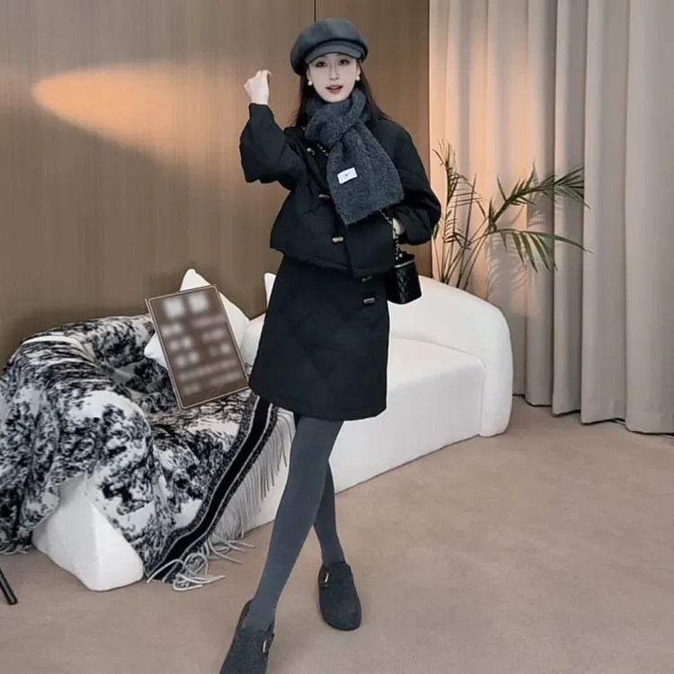 高级感小个子通勤套装2025冬季新款法式短大衣短裙加厚两件套装女