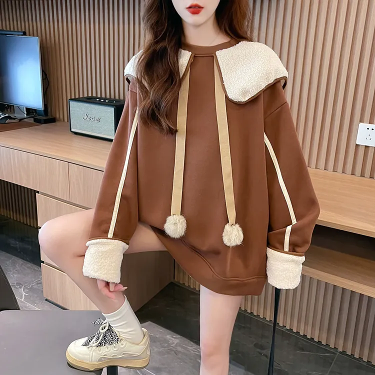 娃娃领卫衣女秋冬季韩版宽松大码加绒中长款设计感刺绣上衣外套潮