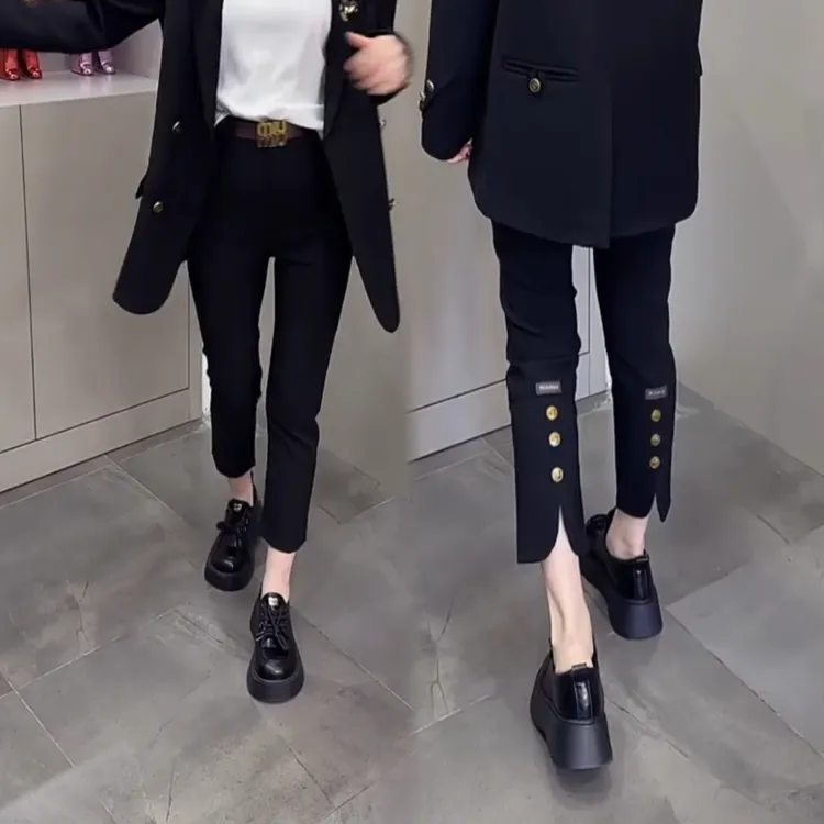 烟筒小直裤女春秋新款显瘦百搭高腰小黑裤时尚小西裤休闲西装裤潮