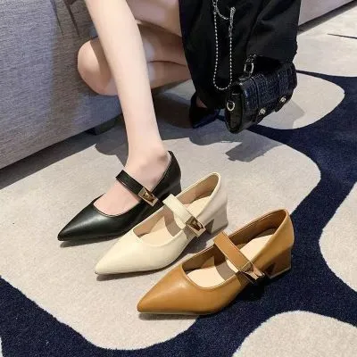 厚底显高女米色尖头法式单鞋2024新款粗跟一字扣不累脚玛丽珍鞋