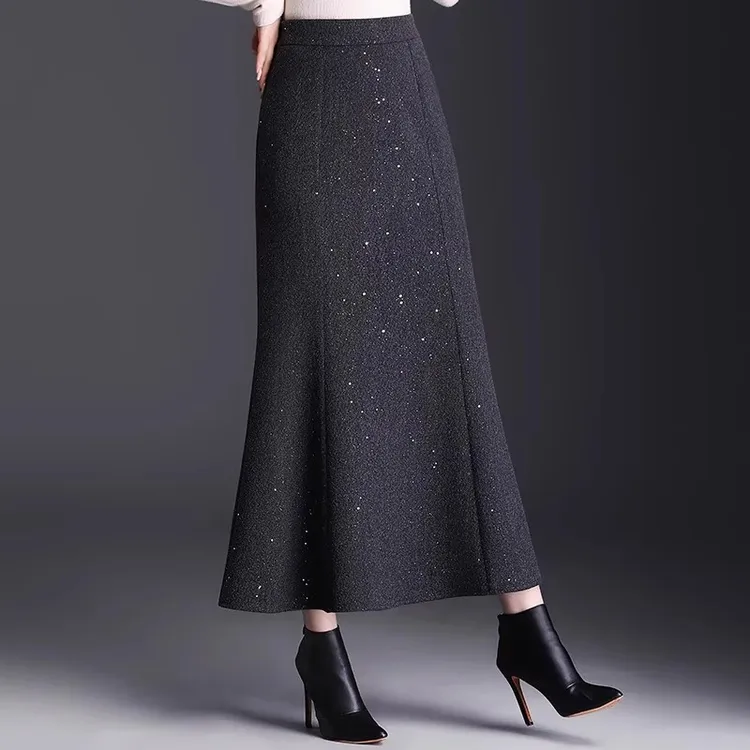 拉夏贝尔设计感亮片鱼尾裙女2025秋冬季新款时髦洋气长款半身裙子