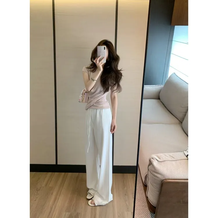 纯欲风藕粉色v领正肩小飞袖针织t恤女夏季高级感修身上衣裤子套装