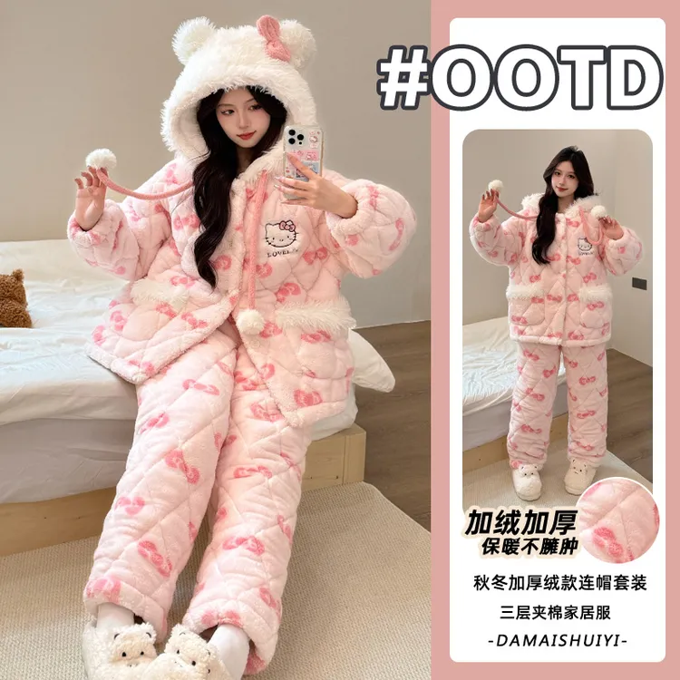 Nuodun/诺盾【三层夹棉】冬季睡衣保暖加绒加厚甜美连帽家居服套装