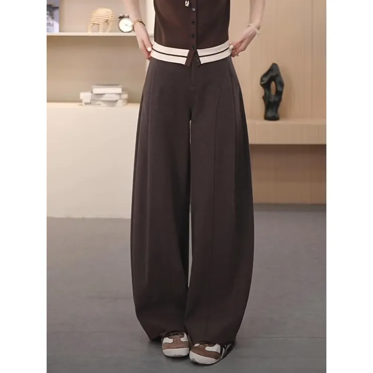 拉夏贝尔毛呢阔腿裤女2025新款秋冬天宽松弯刀裤高腰显瘦休闲裤子