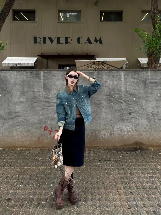 秋季复古牛仔外套女2025新款韩系翻领气质短款上衣高腰显瘦半身裙