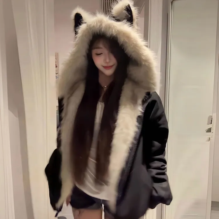 黑色毛领夹棉座山雕猫耳朵外套男女秋冬季加厚保暖情侣装棉衣棉服