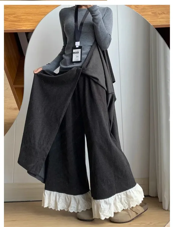 黑灰色蕾丝拼接裙裤女秋季大码胖mm假两件屁帘a字长款阔腿裤裙