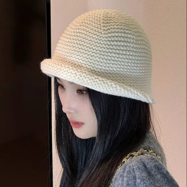 韩代chic大头围bi入复古粗棒针羊毛卷边盆帽女秋冬ins显脸小桶帽