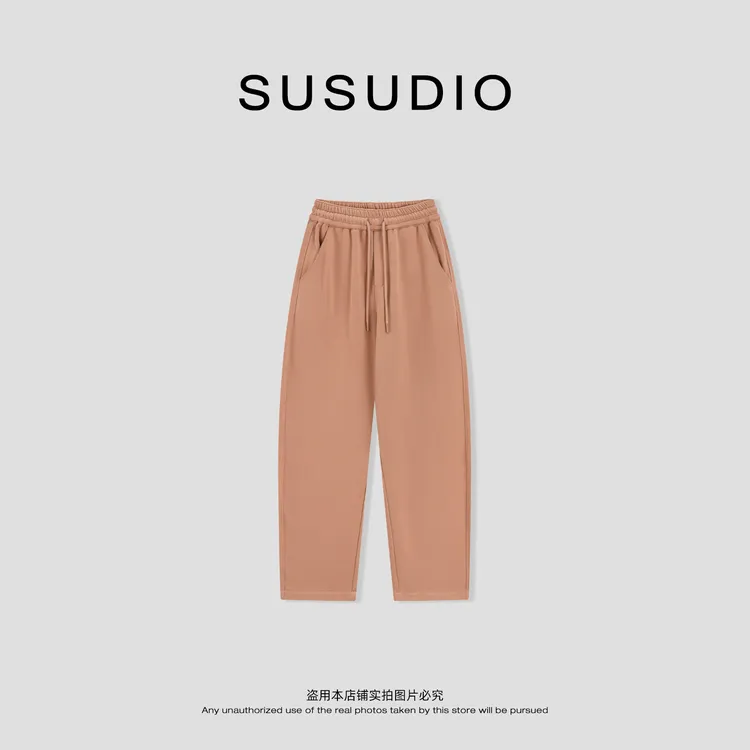 SUSUDIO 冬季休闲加厚磨毛宽边松紧腰小弯刀纯色长裤 40714