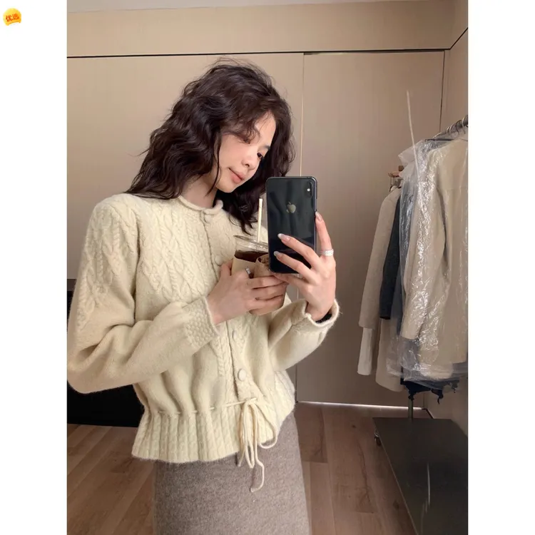 韩系纯欲抽绳圆领长袖针织开衫女冬季新款收腰小众设计感上衣
