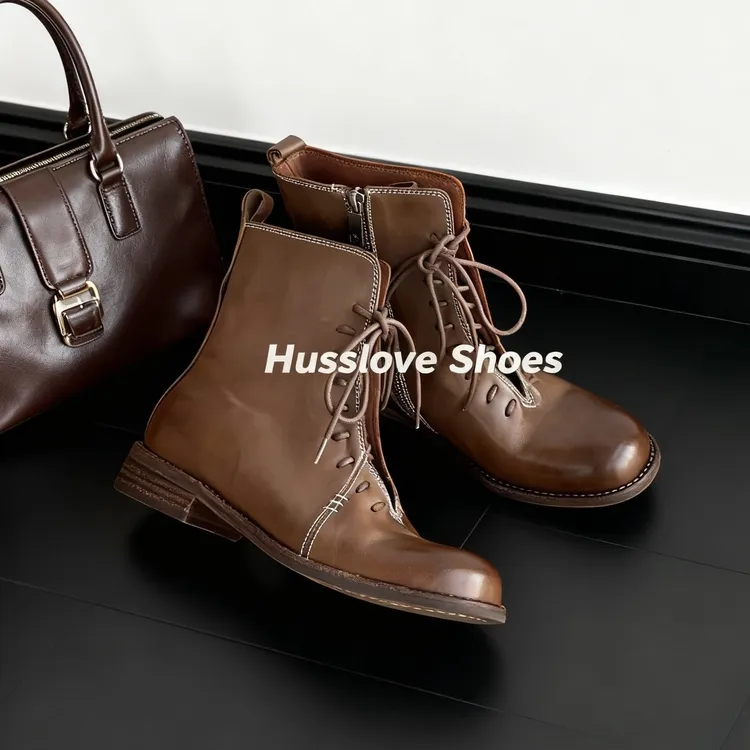 HUSSLOVE 水洗马皮·跟高3CM·复古重工英伦风油蜡皮系带马丁靴短靴