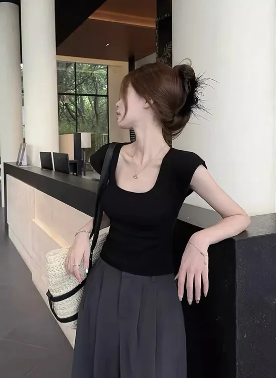 方U领法式冰丝夏季正肩方领气质设计感女修身显瘦针织上衣#3016