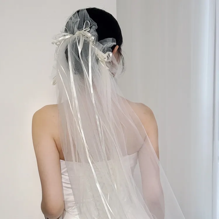 1355单层白色素头纱加香槟色蝴蝶结新娘结婚仪式影楼写真拍照配饰