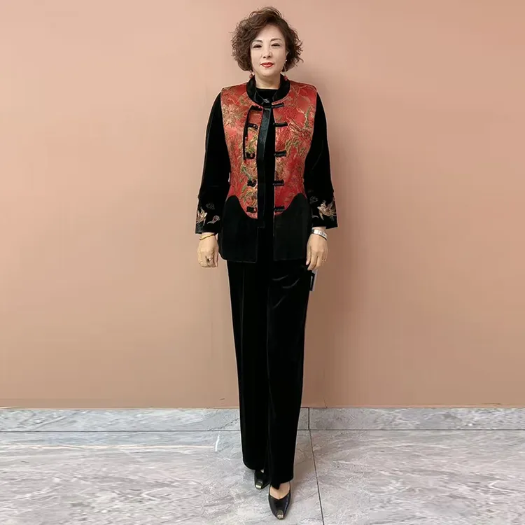 90160妈妈丝绒拼接加棉马甲国风盘扣花色大码三件套9080-90120