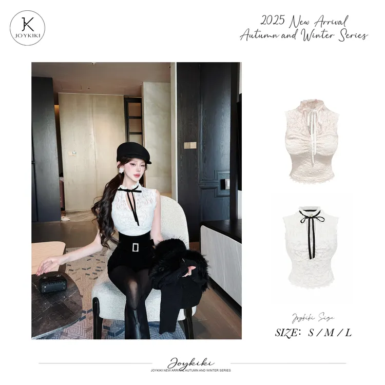 JOY KIKI鹅了么【温柔陷阱】秋冬蕾丝镂空收腰无袖上衣套装J25D181