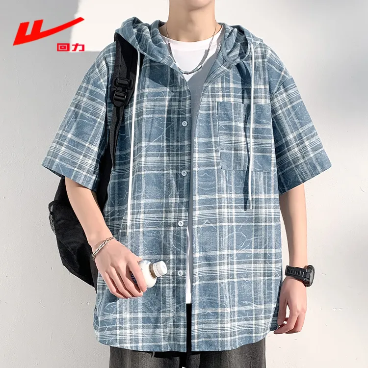 回力美式复古格纹连帽短袖衬衫男女街头宽松夏季新款毛边上衣潮