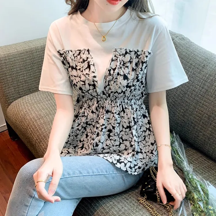 2025年夏装新款圆领假两件拼接碎花短袖t恤女设计感小众收腰上衣