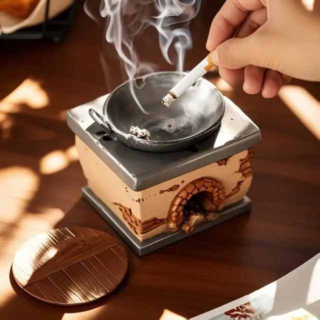 老灶台装饰烟灰缸创意个性潮流家用桌面树脂防飞灰轻奢复古风带盖