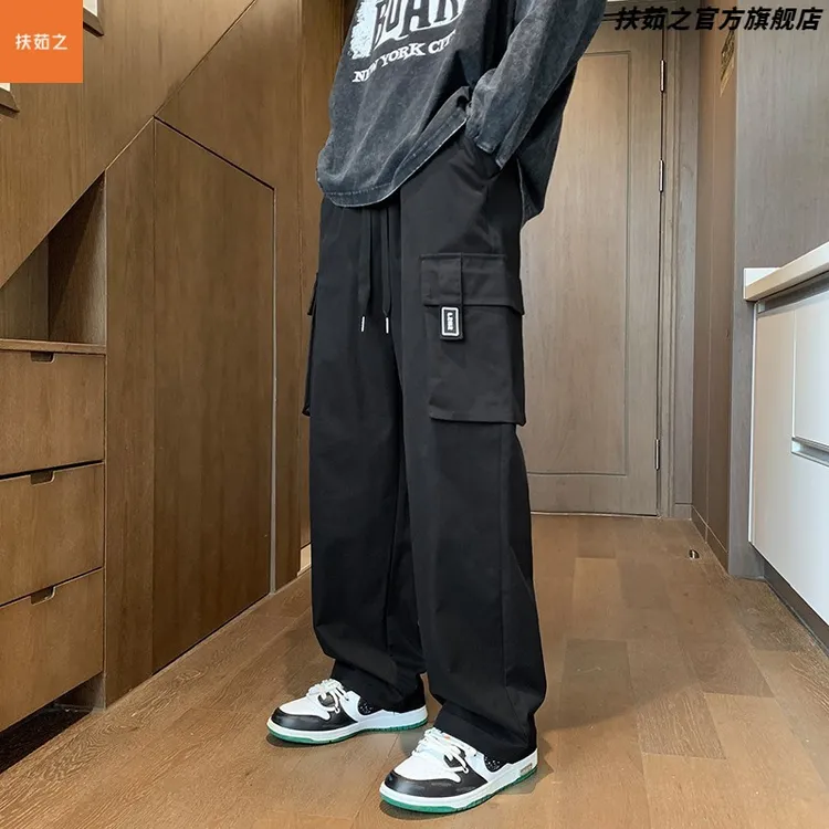 青少年直筒多口袋工装裤男黑色宽松伞兵裤阔腿户外运动休闲长裤子