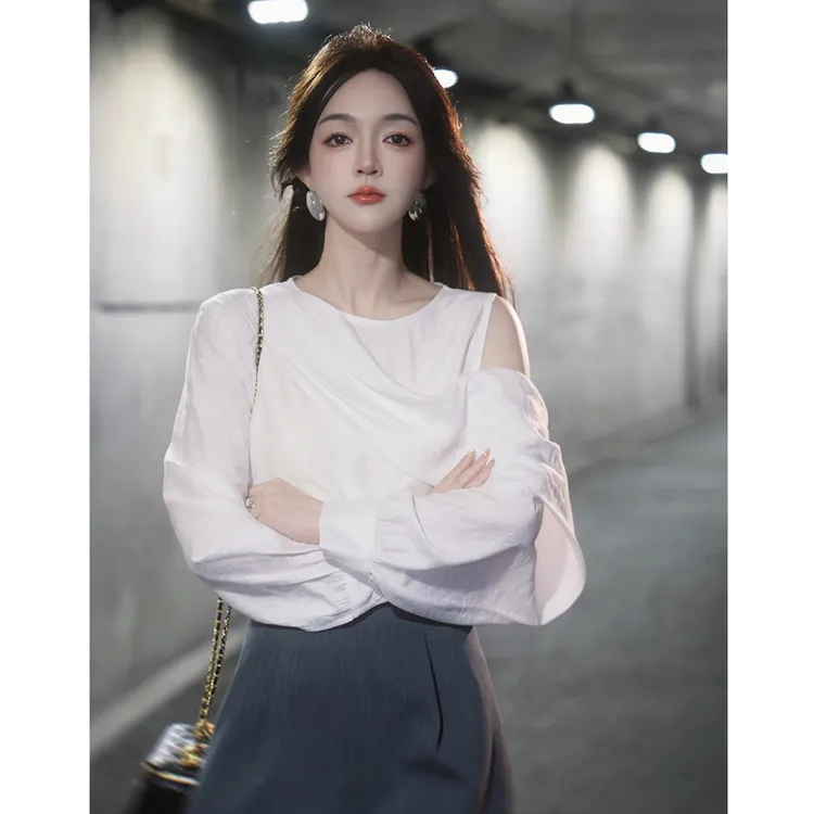 【难忘白月光】新款时尚不规则露肩长袖秋季简约女休闲衬衫上衣3506