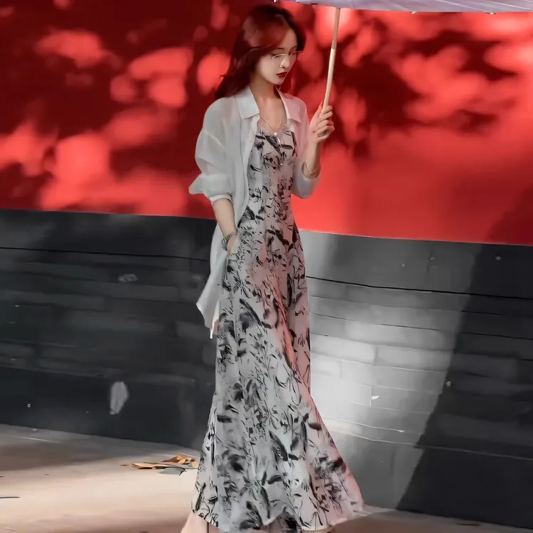 拉夏贝尔时尚后妈裙套装女2025夏季季洋气长袖防晒衬衫裙子两件套