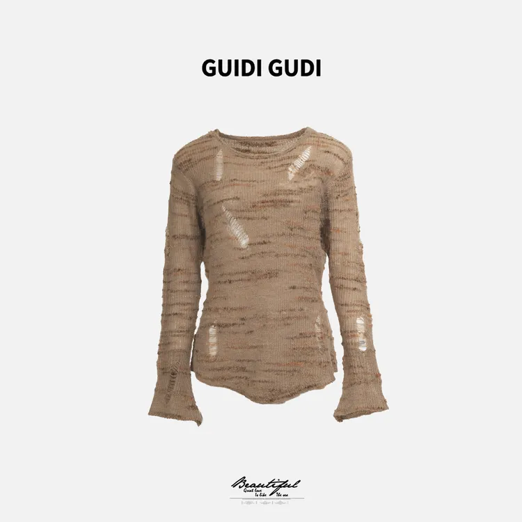 GUIDI GUDI【浮光】气质磨破设计长袖套头毛衣/黄加蓝
