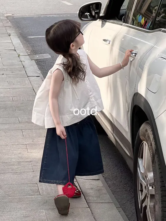 OOTD-750-751-儿童韩系百搭时尚无袖翻领衬衫+牛仔裤套装（夏款）