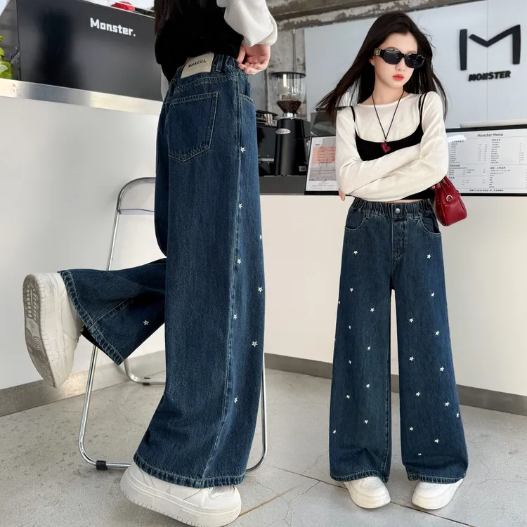 女童牛仔裤子春秋款2025新款儿童时髦休闲裤大童秋季直筒裤阔腿裤