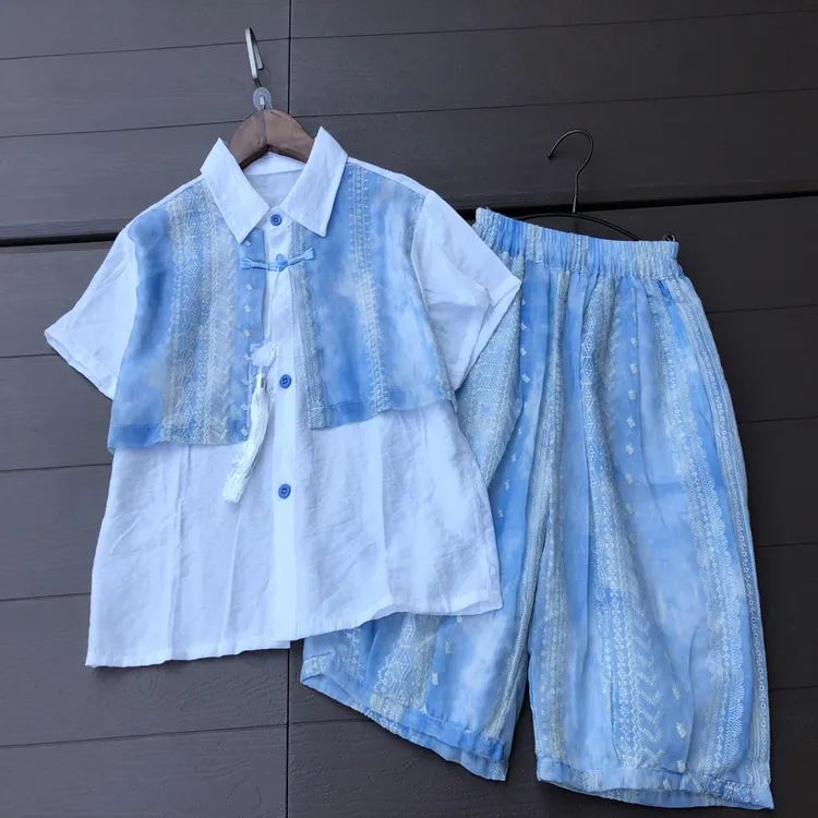 2025夏季新款男童秀气韩系蓝色棉麻质感国风汉服套装男童汉服