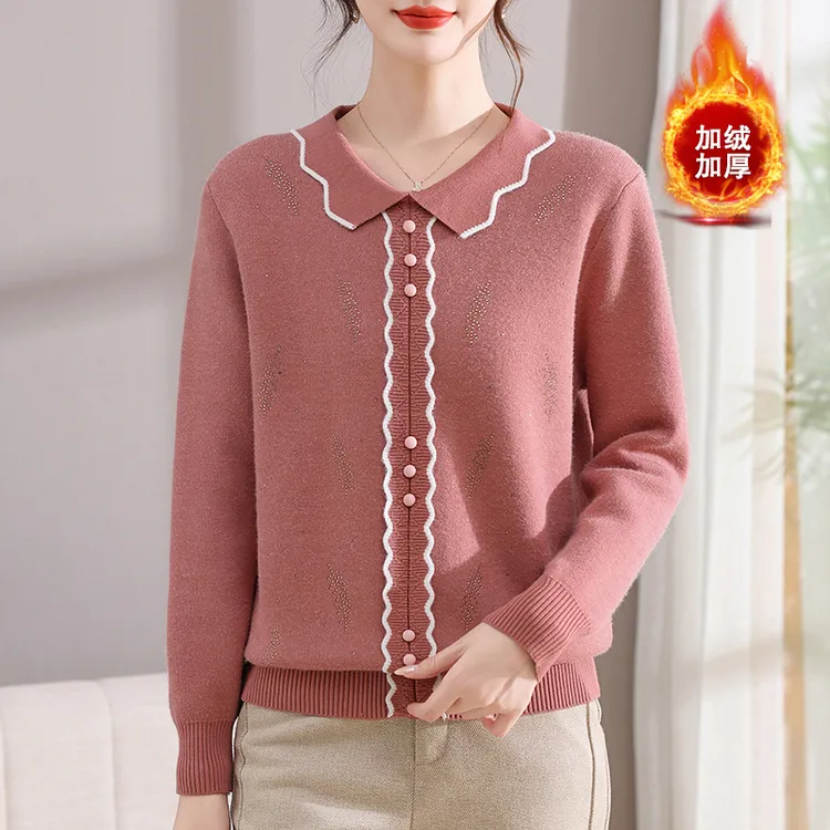 妈妈装毛衣冬季新款加绒加厚中老年女装洋气时髦长袖针织打底小衫