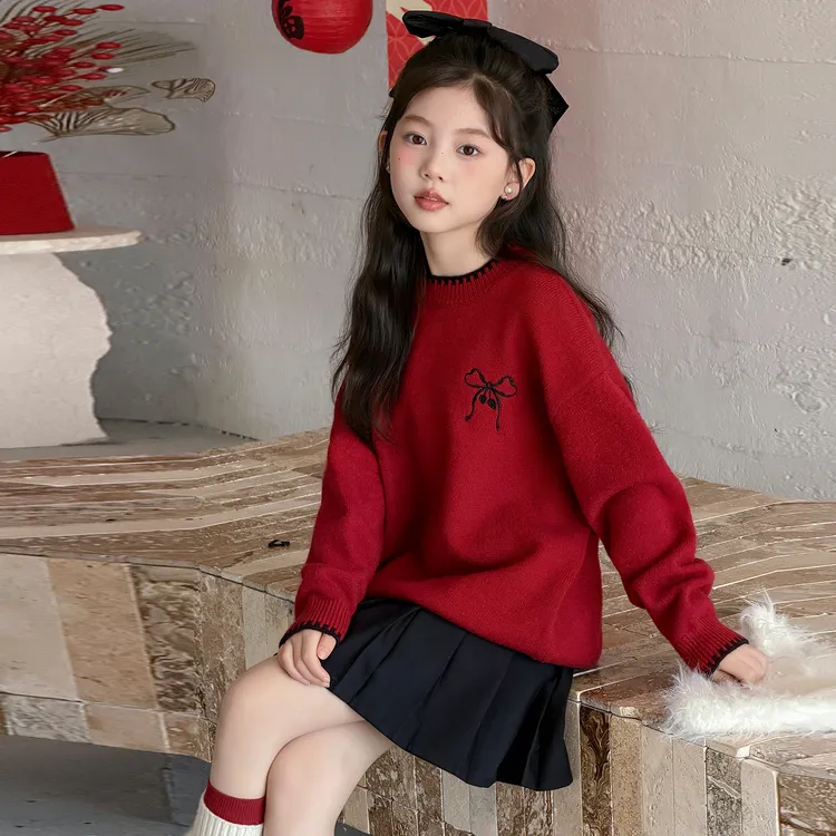 女童加厚毛衣秋冬2025新款女孩红色上衣儿童大童冬季超好看针织衫
