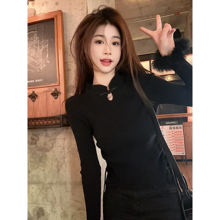 复古新中式立领长袖针织衫女秋冬2025新款收腰显瘦盘扣打底衫毛衣