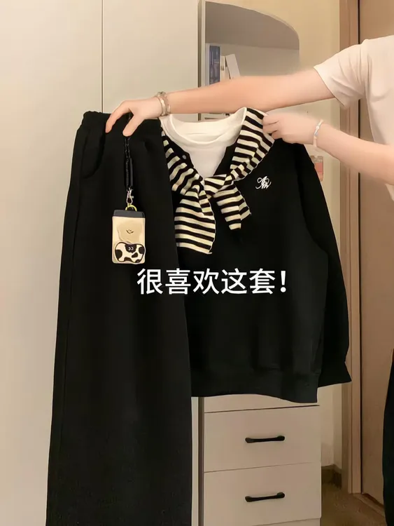 秋季新款韩系复古学院减龄通勤风一整套假两件卫衣黑色阔腿裤套装