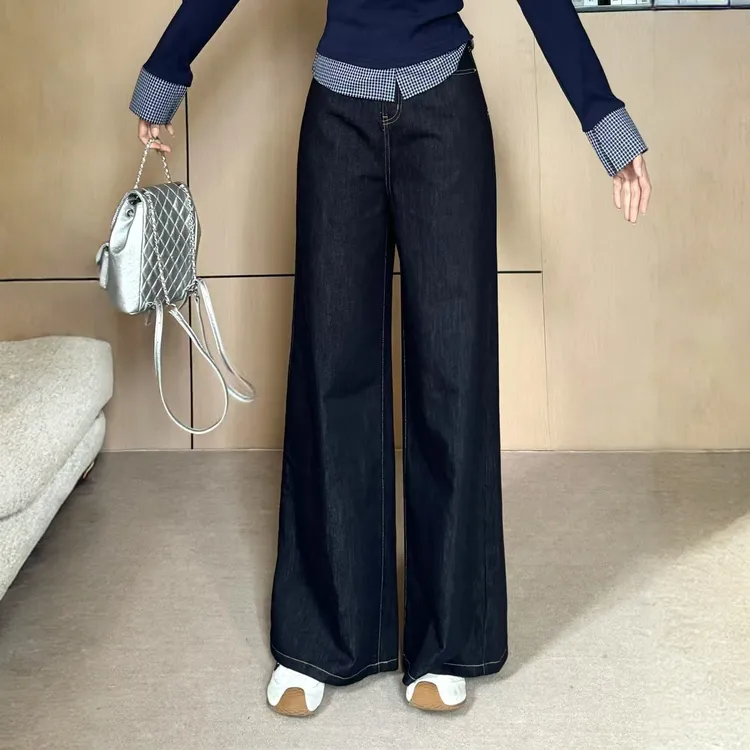 高个子加长牛仔裤丹宁女秋季新款宽松梨形身材显瘦阔腿裤Am25379