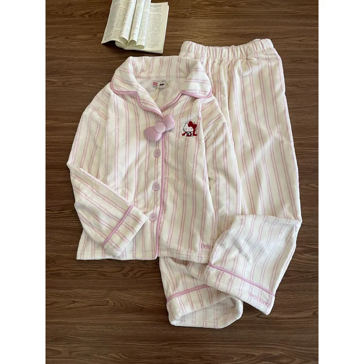 冬日软糯韩系甜美条纹法兰绒睡衣女秋冬季款舒适家居服套装