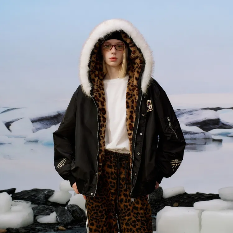 SUAMOMENT美式豹纹连帽毛领派克棉服男女冬季保暖座山雕棉衣外套