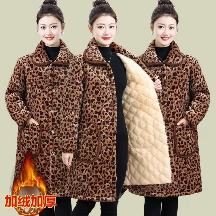 新款洋气豹纹女士棉服外套加绒加厚保暖耐寒百搭时尚棉衣罩衣